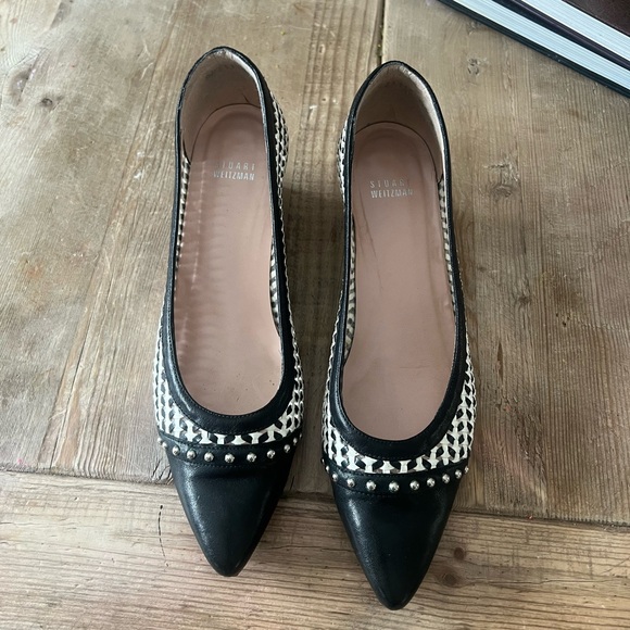 Stuart Weitzman Black and Cream Woven Wedges shoes - Picture 4 of 14